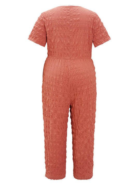 Plain Textured Zipper Back Wrap Pocket Jumpsuit
