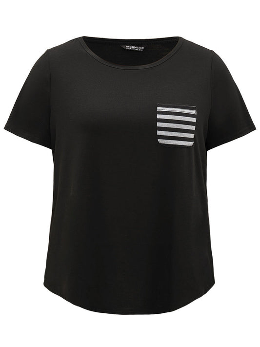 Striped Patchwork Patched Pocket Arc Hem Sleep Top