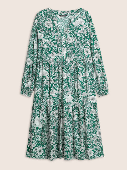 Floral Shirred Button Detail Lantern Sleeve Dress