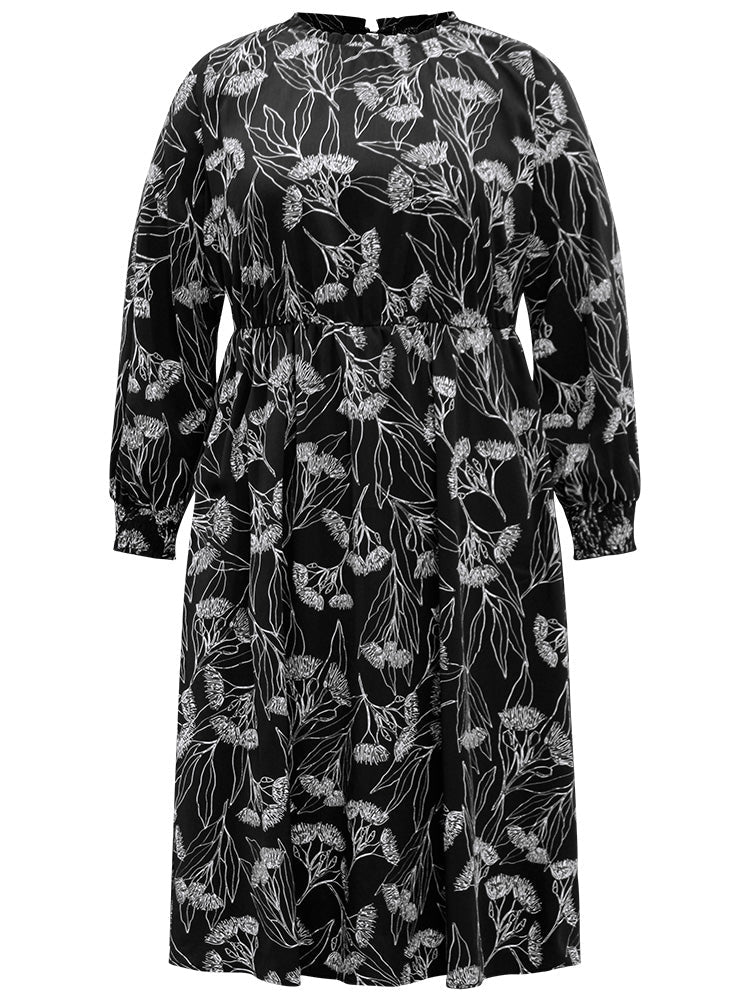 Floral Print Frill Trim Mock Neck Dress
