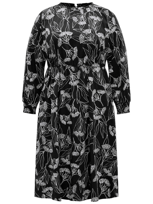 Floral Print Frill Trim Mock Neck Dress