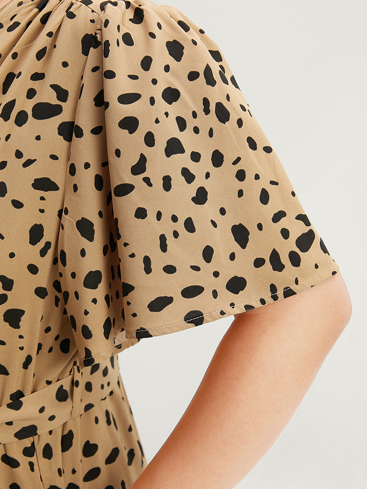 Leopard Print Flutter Pocket Half Zip Belted Arc Hem Dress