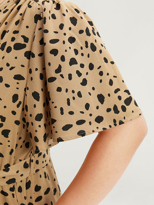 Leopard Print Flutter Pocket Half Zip Belted Arc Hem Dress