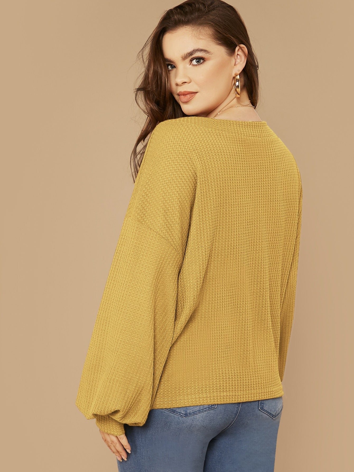Drop Shoulder Lantern Sleeve Waffle Knit Top
