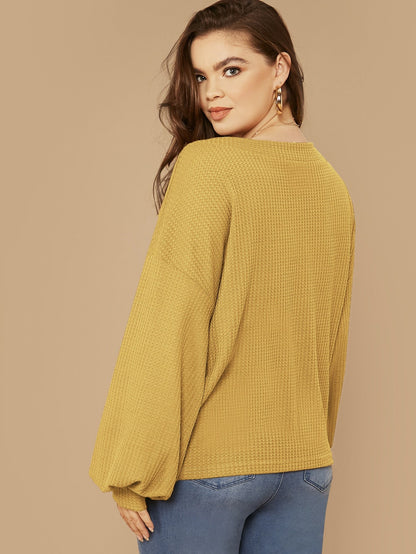 Drop Shoulder Lantern Sleeve Waffle Knit Top