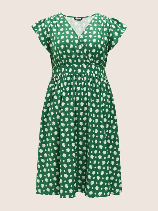 Graphic Wrap Gathered Ruffle Cap Sleeve Dress