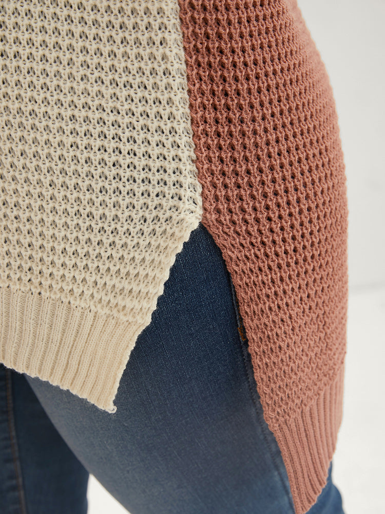 Colorblock Contrast Pointelle Knit Split High Low Hem Knit Top