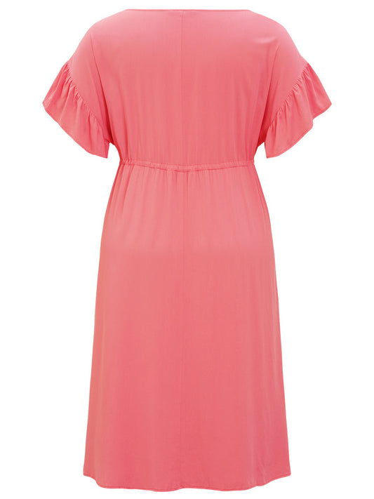 Solid Flutter Sleeve Button Detail Pocket Drawstring Dress