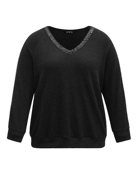 Sequin Patchwork Raglan Sleeve Plisse Sweatshirt