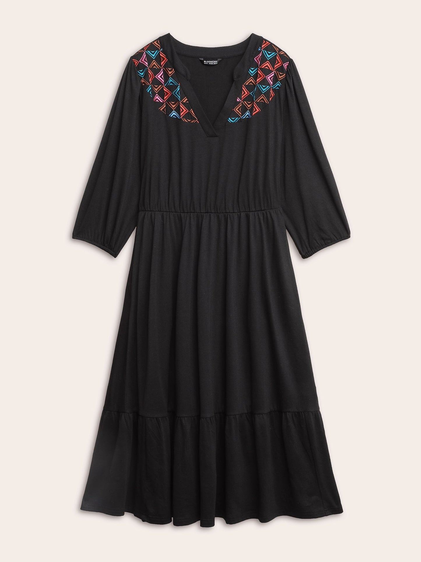 Geometric Contrast Embroidered Elastic Waist Dress
