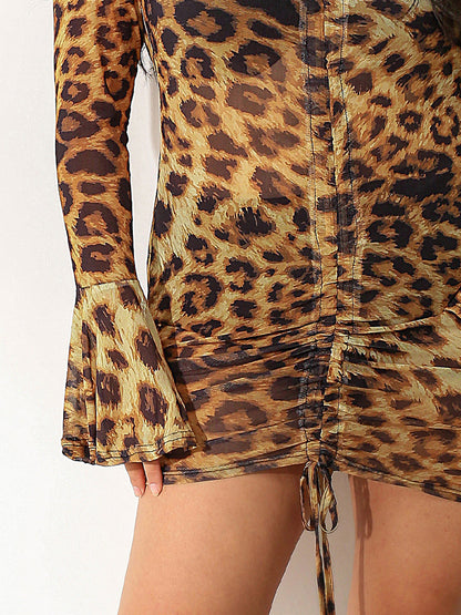 Off Shoulder Drawstring Leopard Dress