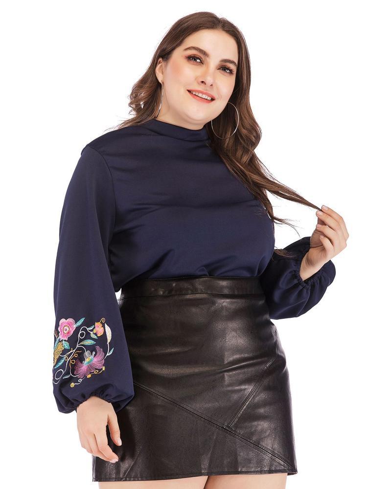 Embroidery Lantern Sleeve Round Neck Top