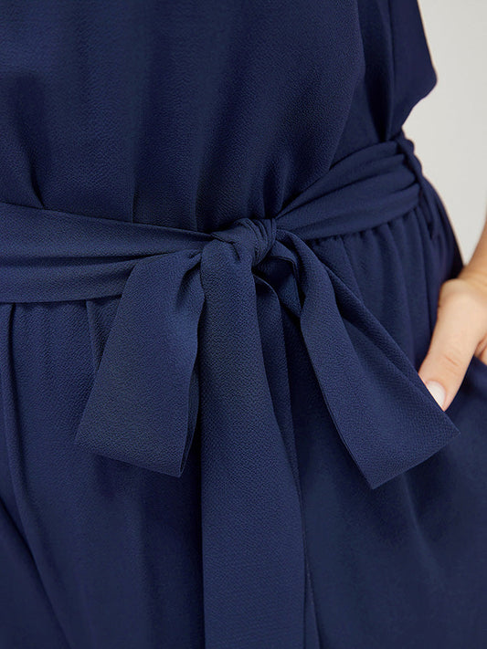 Plain Chain Detail Knot Halter Keyhole Pocket Belted Jumpsuit