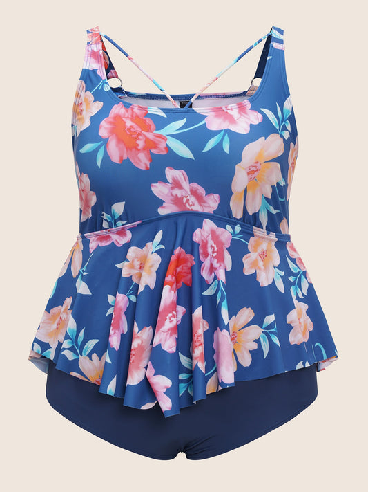 Floral Ruffle Hem Adjustable Straps One Piece Swimsuit