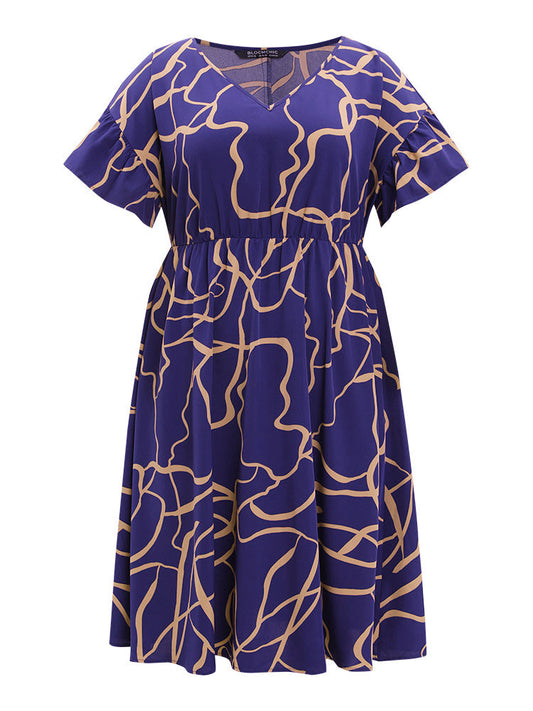 Geometric Pocket Flutter Sleeve Elastic Waist Dress