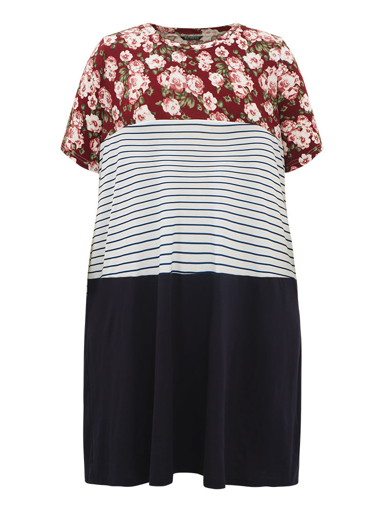 Floral Striped Patchwork Pocket Round Neck Dress