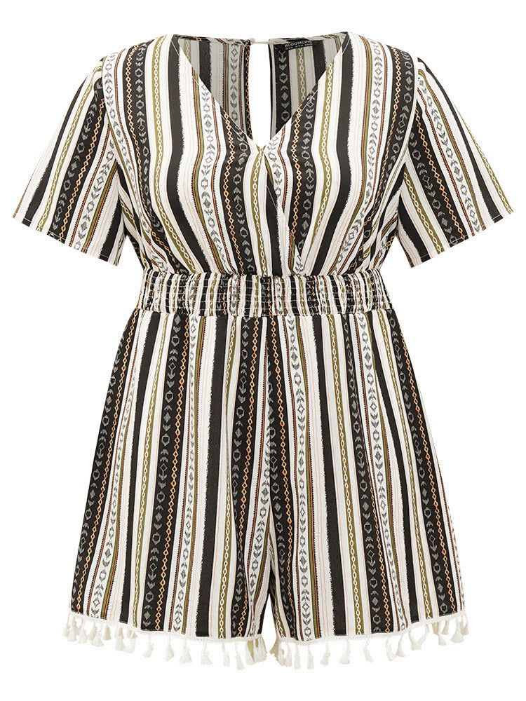 Boho Print Shirred Cut Out Tassel Trim Romper
