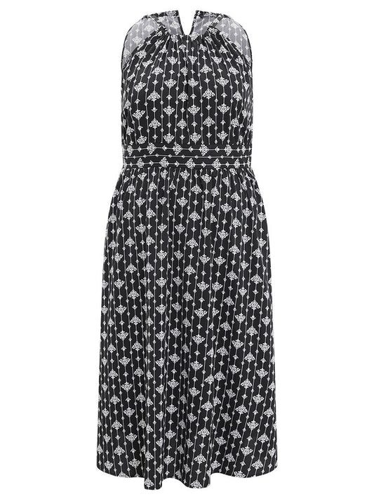 Geometric Print Ruffle Hem Pocket Knot Back Halter Dress
