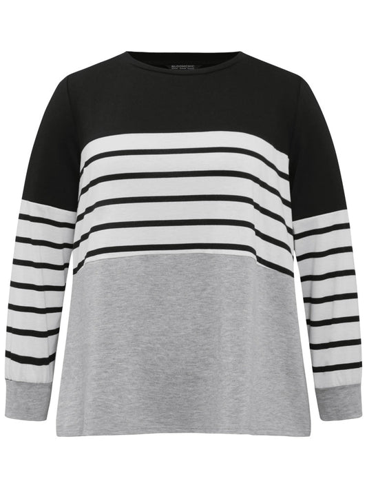 Striped Patchwork Contrast Slight Crew Neck Sweatshirt
