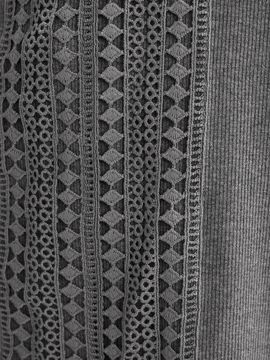 Solid V Neck Crochet Lace Rib Knit Long Tee