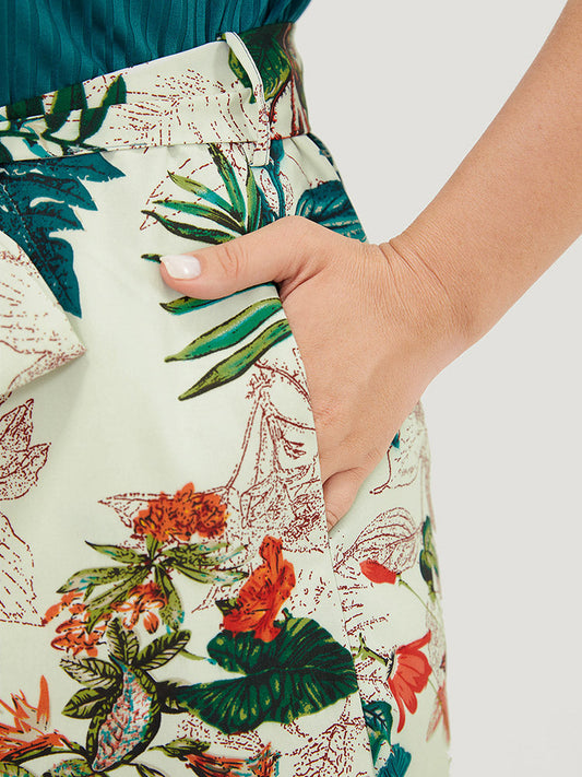 Tropical Patchwork Belted Notched Rib Knit  Tank Romper