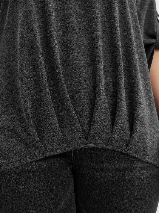 Solid V Neck Cuffed Sleeve Pleated Long Tee