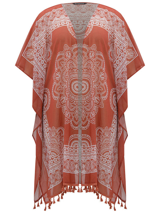 Boho Print Open Front Tassel Trim Batwing Sleeve Kimono