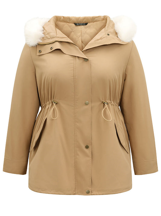 Fuzzy Trim Drawstring Pocket Cotton Jackets