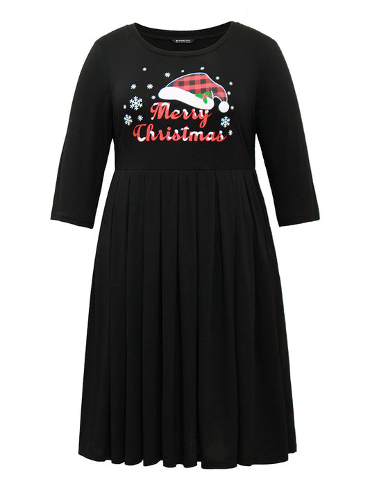 Christmas Print Plicated Detail Elastic Waist Dress