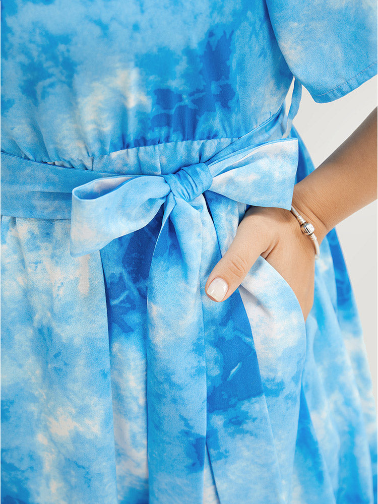 Tie Dye Belted Round Neck Pocket Ruffle Hem Dress
