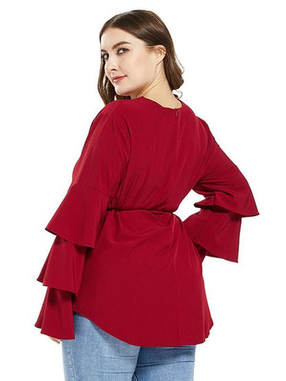 Ruffle Sleeve Belt Solid Blouse