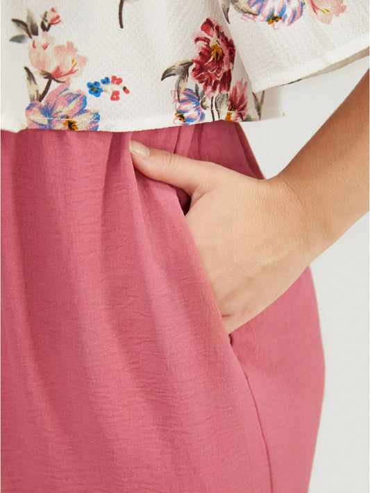 Floral Patchwork Pocket Ruffle Trim Cold Shoulder Jumpsuit