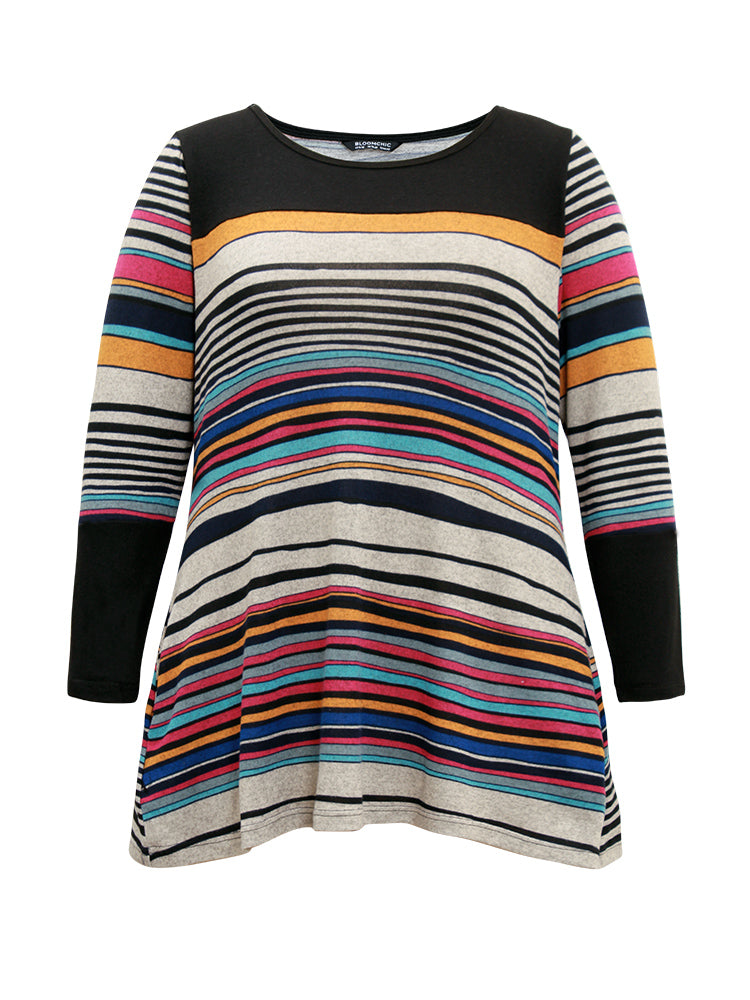 Colour Striped Contrast Patchwork Pocket T-shirt