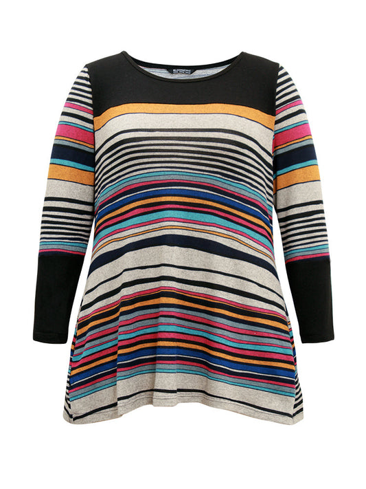 Colour Striped Contrast Patchwork Pocket T-shirt