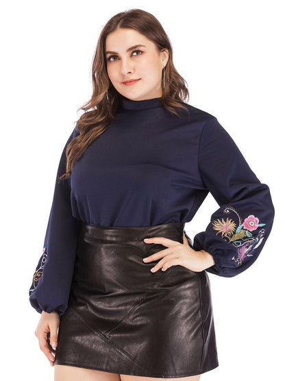 Embroidery Lantern Sleeve Round Neck Top