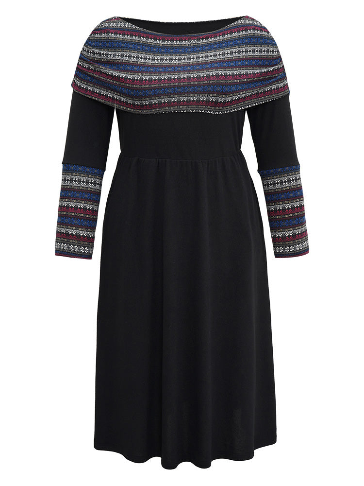 Boat Neck Striped Contrast Gathered Dress