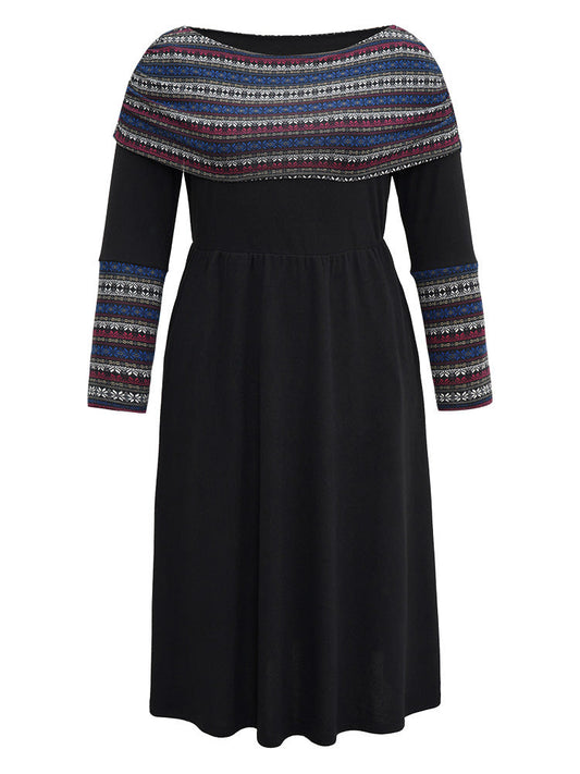 Boat Neck Striped Contrast Gathered Dress