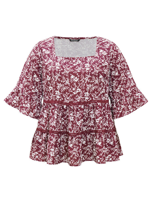 Silhouette Floral Print Bell Sleeve Patchwork Ruffles Blouse