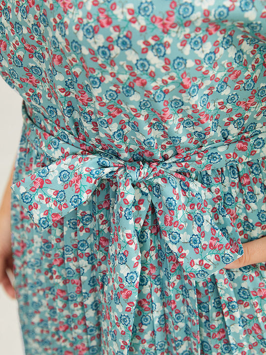 Ditsy Floral Dolman Sleeve Belted Pocket Pleated Hem Dress