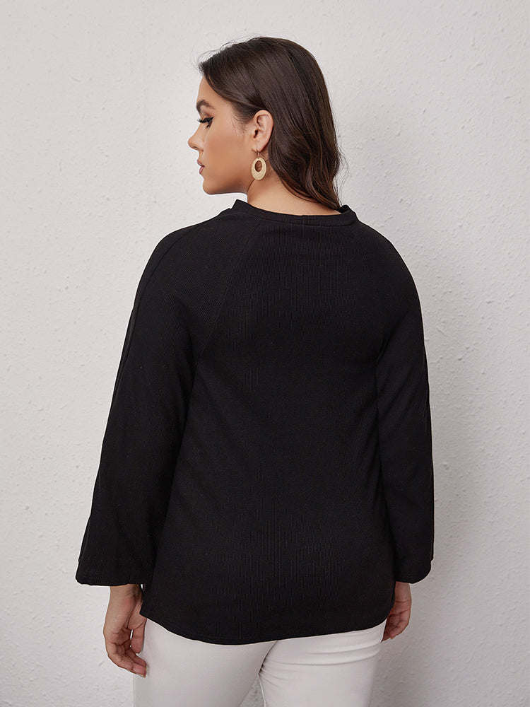 Button Bat Sleeve Round Neck Blouse