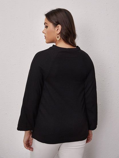 Button Bat Sleeve Round Neck Blouse