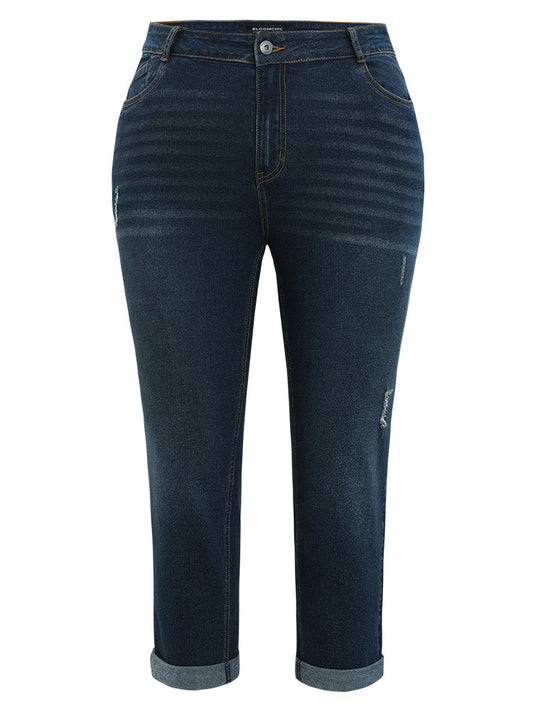 Solid Ripped Pocket Roll Hem Jeans