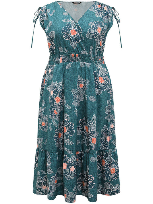 Floral Print Shirred Overlap Collar Drawstring Dress