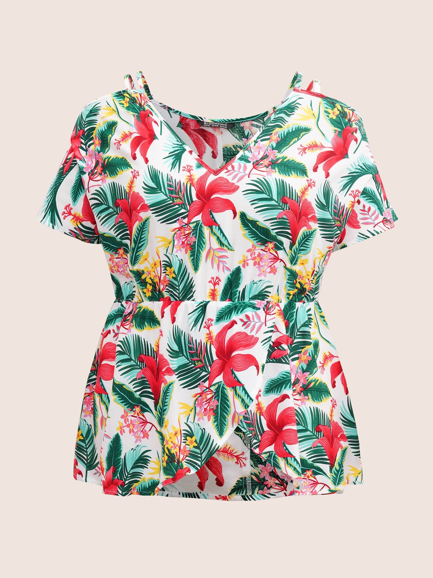 Tropical Print Elastic Waist Cold Shoulder Wrap Hem Blouse