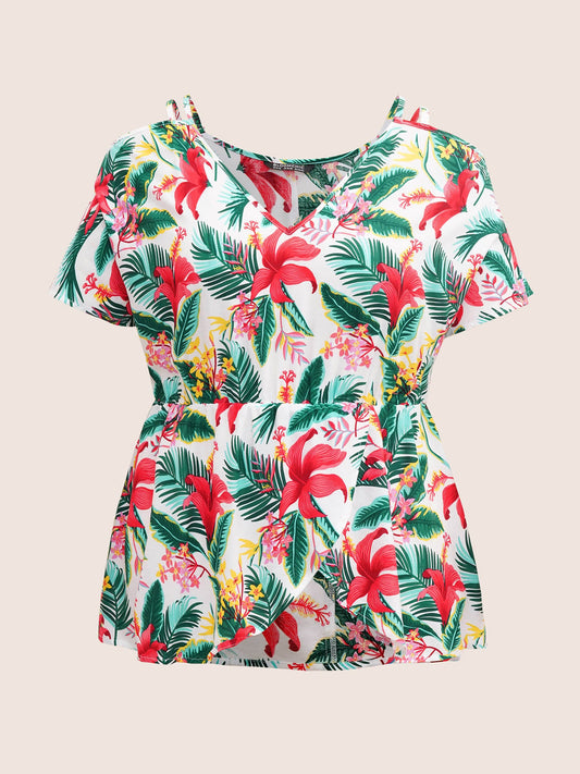 Tropical Print Elastic Waist Cold Shoulder Wrap Hem Blouse