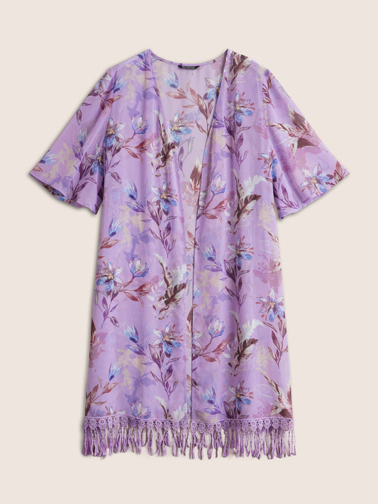Floral Lace Patchwork Mesh Tassels Trim Kimono