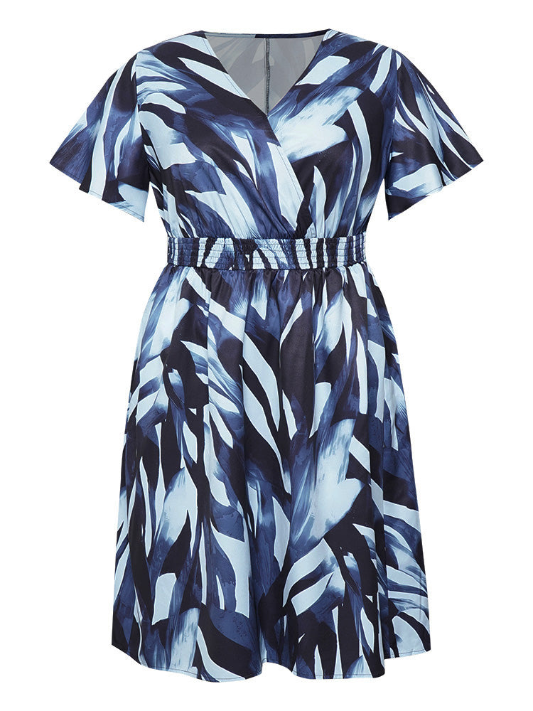 Geometric Print Ruffles Shirred Pocket Surplice Neck Dress