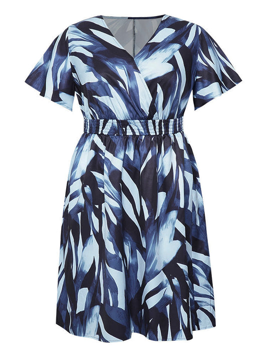 Geometric Print Ruffles Shirred Pocket Surplice Neck Dress