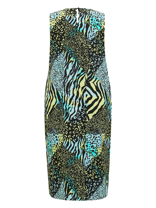 Leopard & Geometric Contrast Pocket Keyhole Split  Tank Dress