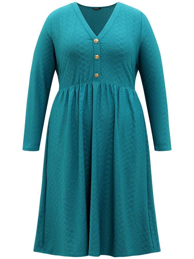 Plain Textured Metal Detail V Neck Dress